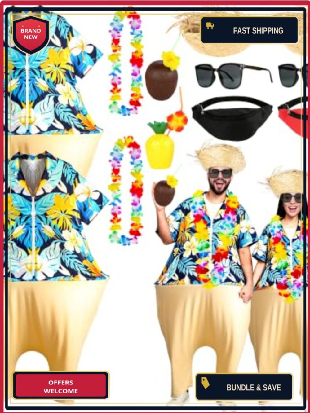 Couple Tacky Tourist Costume Set 14pc Straw Hat Hula Garland Halloween
